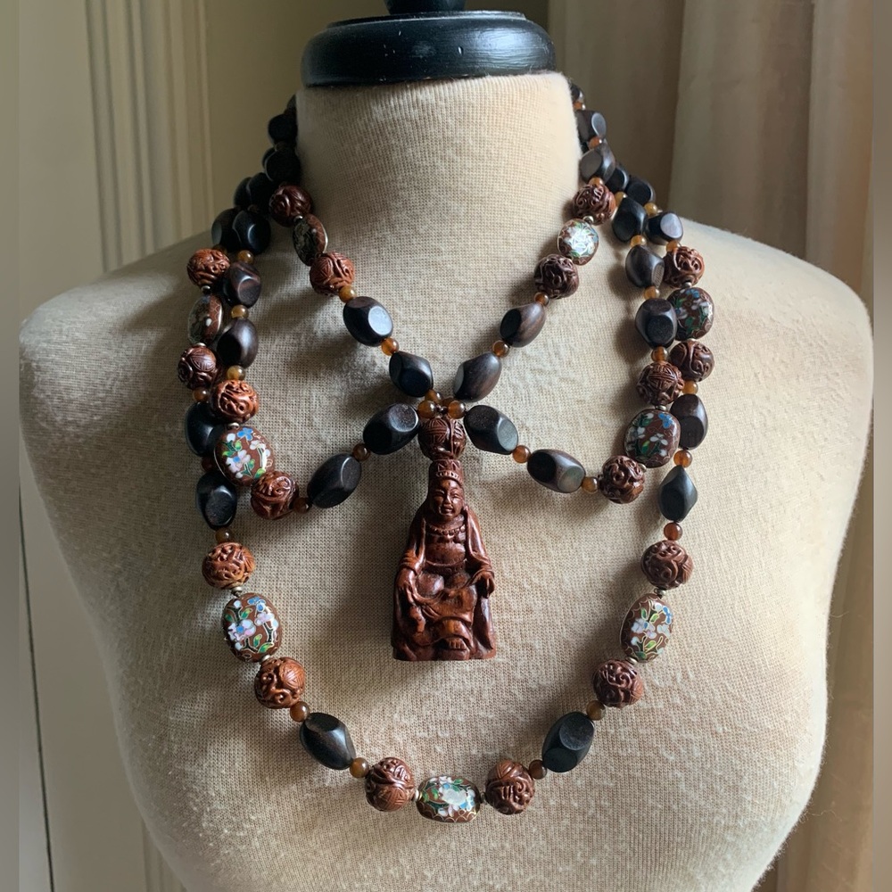 Two Blonde Lizzards Ebony Wood, Cloisonné & Buddha Pendant Bib Necklace
